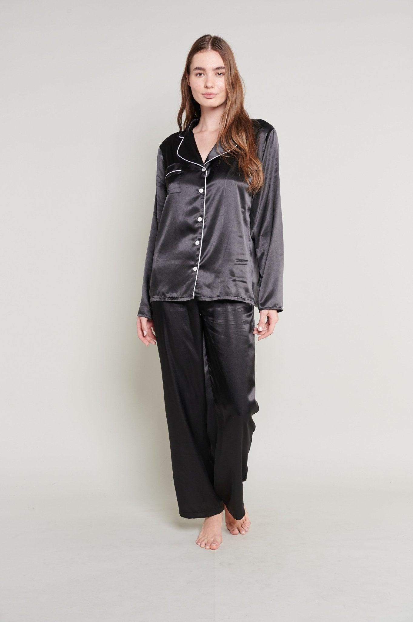 Vivian - Sleek Black Satin Pajama Set - NOWIHT - Pajama Set