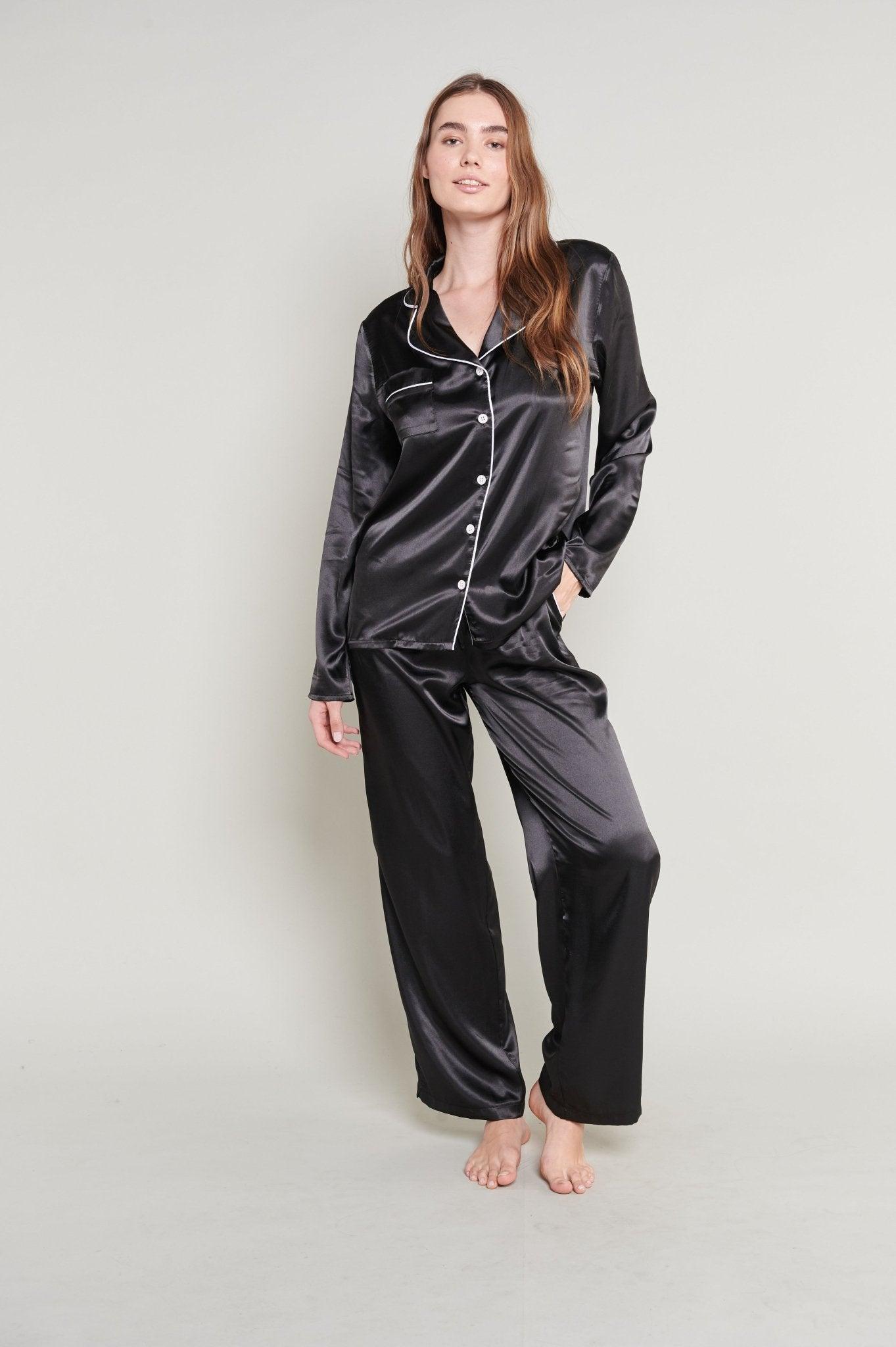 Vivian - Sleek Black Satin Pajama Set - NOWIHT - Pajama Set