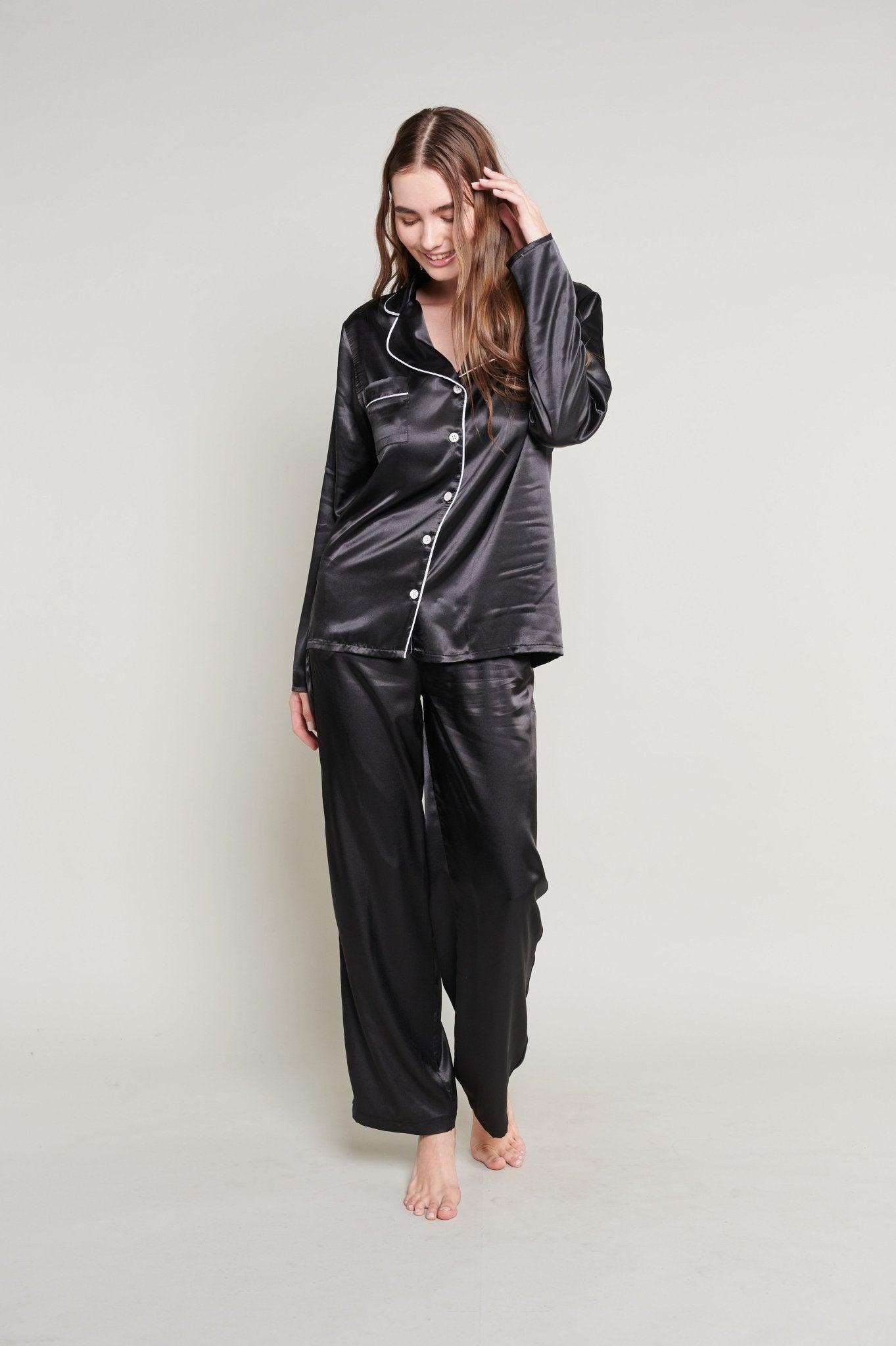 Vivian - Sleek Black Satin Pajama Set - NOWIHT - Pajama Set