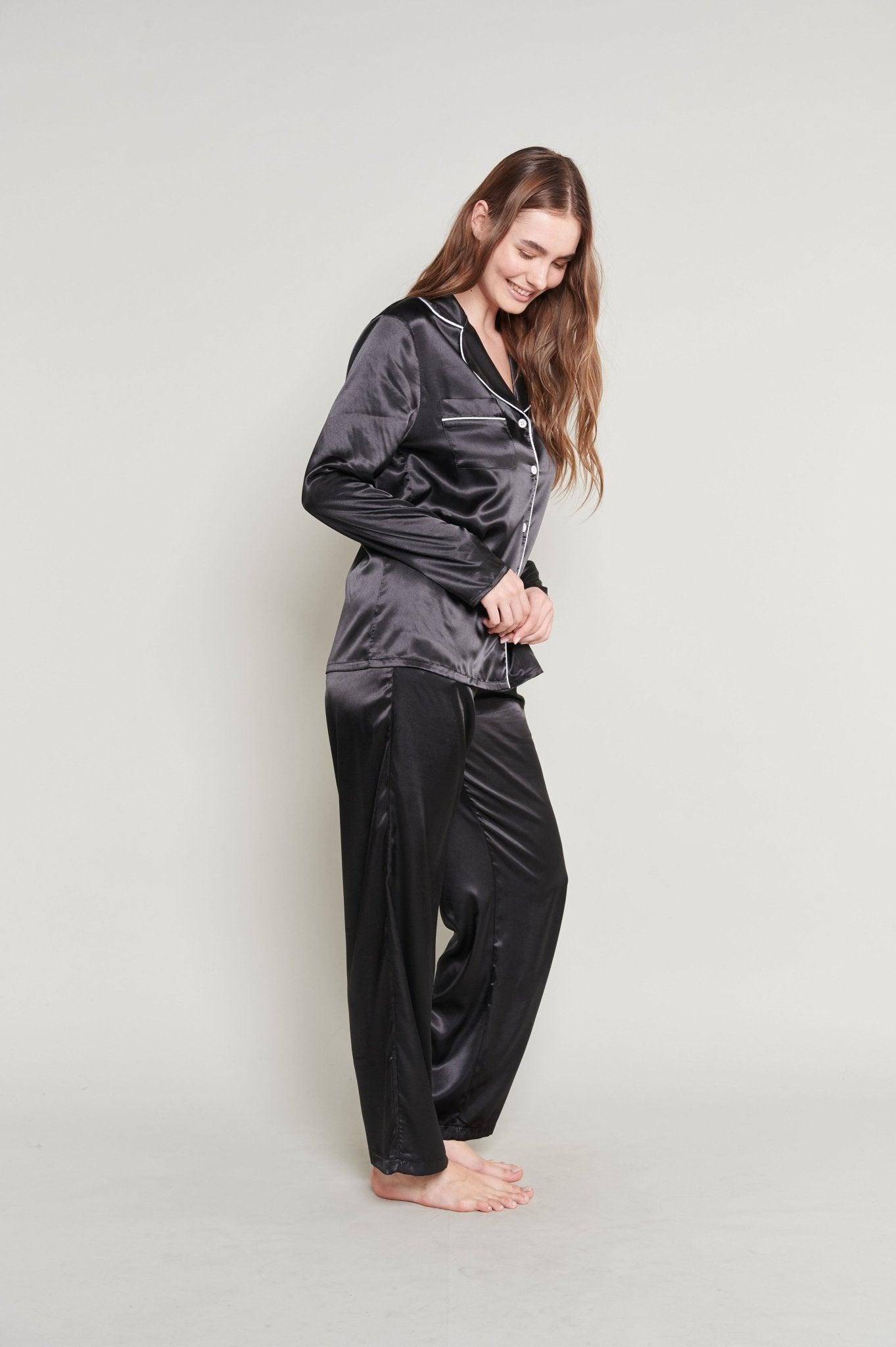 Vivian - Sleek Black Satin Pajama Set - NOWIHT - Pajama Set