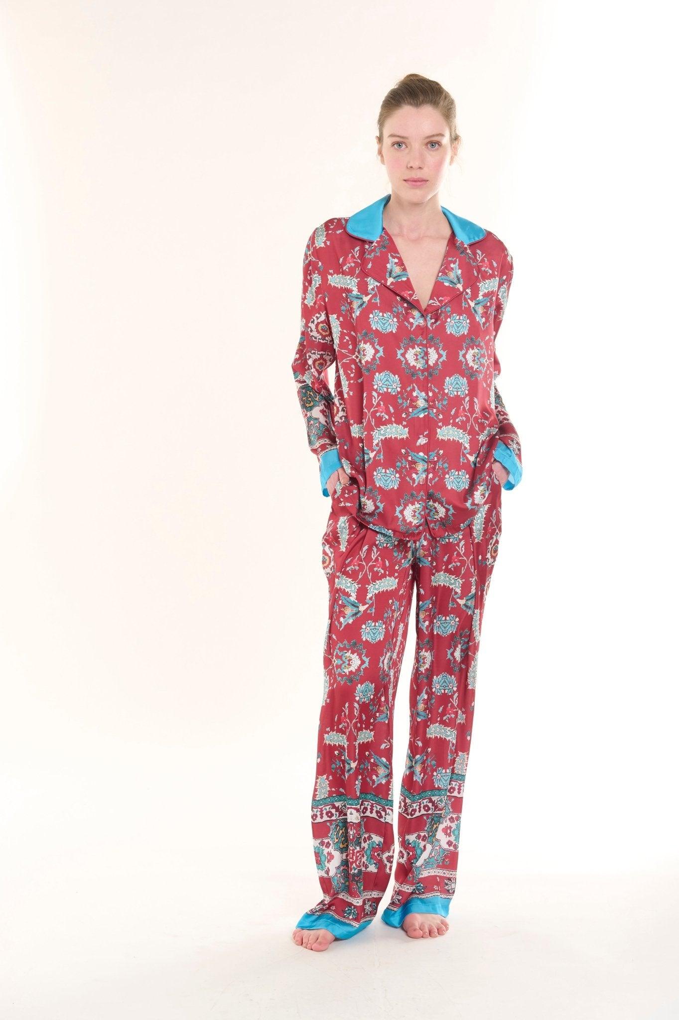 Vivienne - Enchanted Crimson Garden Satin Pajama Set - NOWIHT - Pajama Set