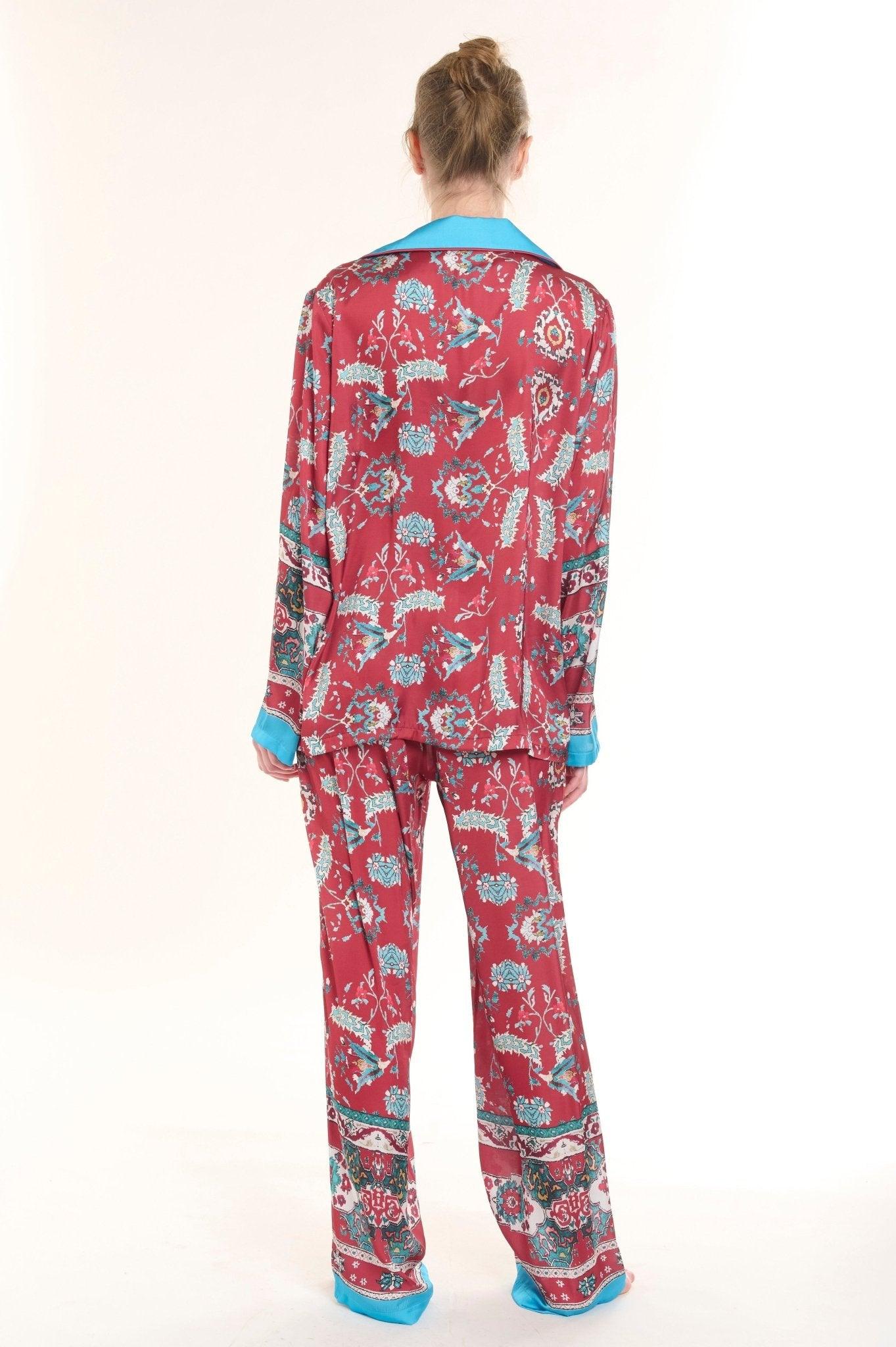 Vivienne - Enchanted Crimson Garden Satin Pajama Set - NOWIHT - Pajama Set