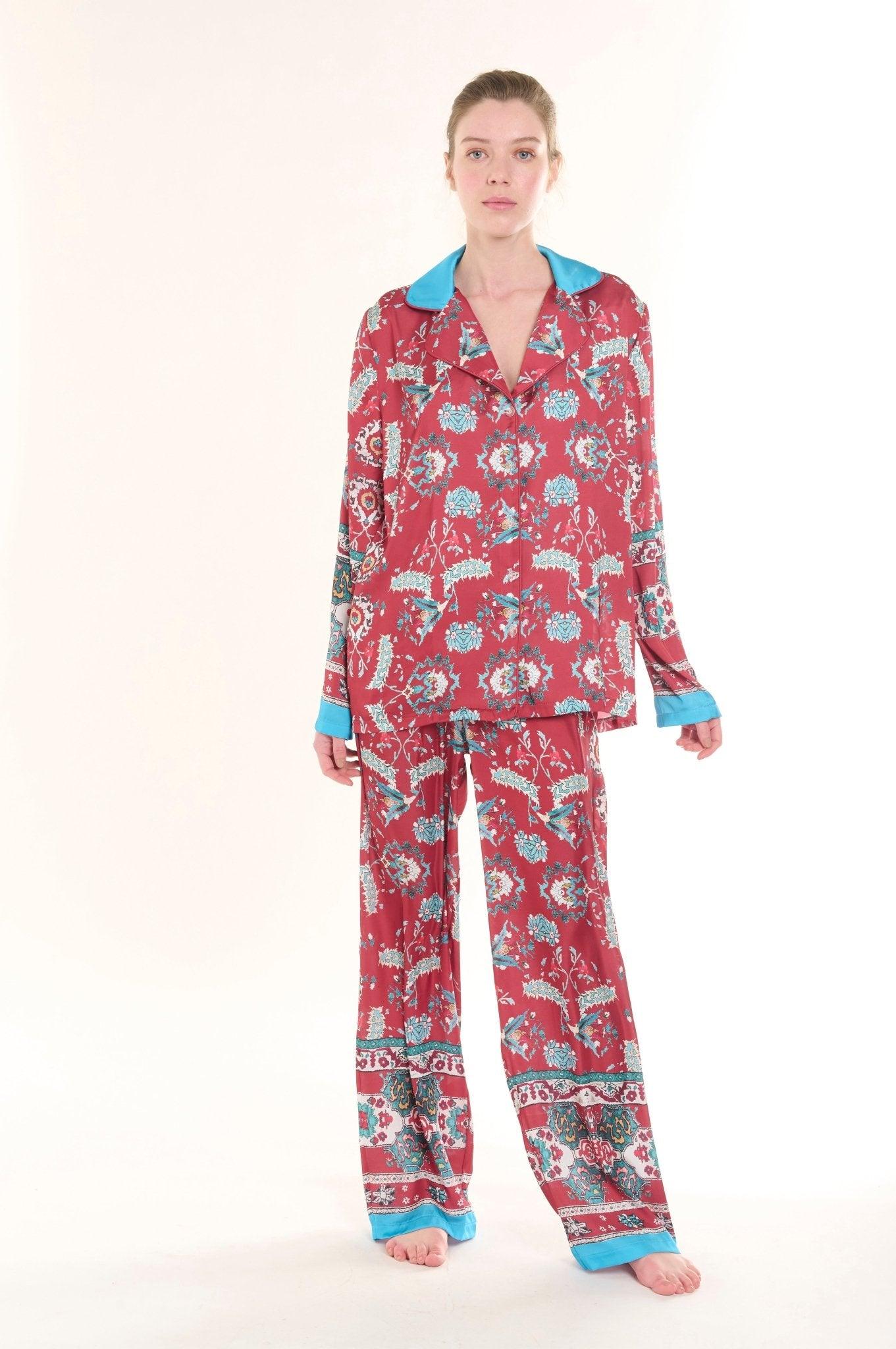 Vivienne - Enchanted Crimson Garden Satin Pajama Set - NOWIHT - Pajama Set