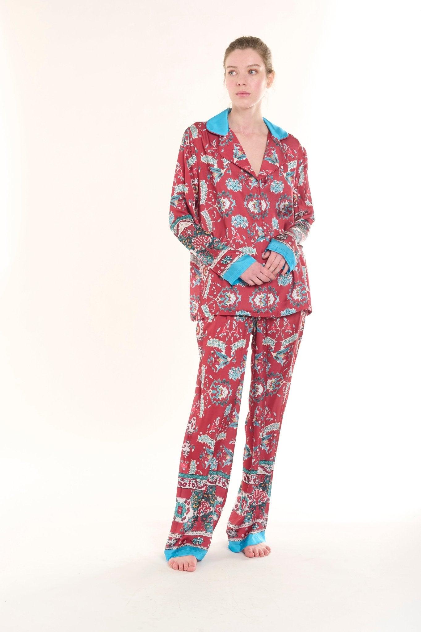 Vivienne - Enchanted Crimson Garden Satin Pajama Set - NOWIHT - Pajama Set