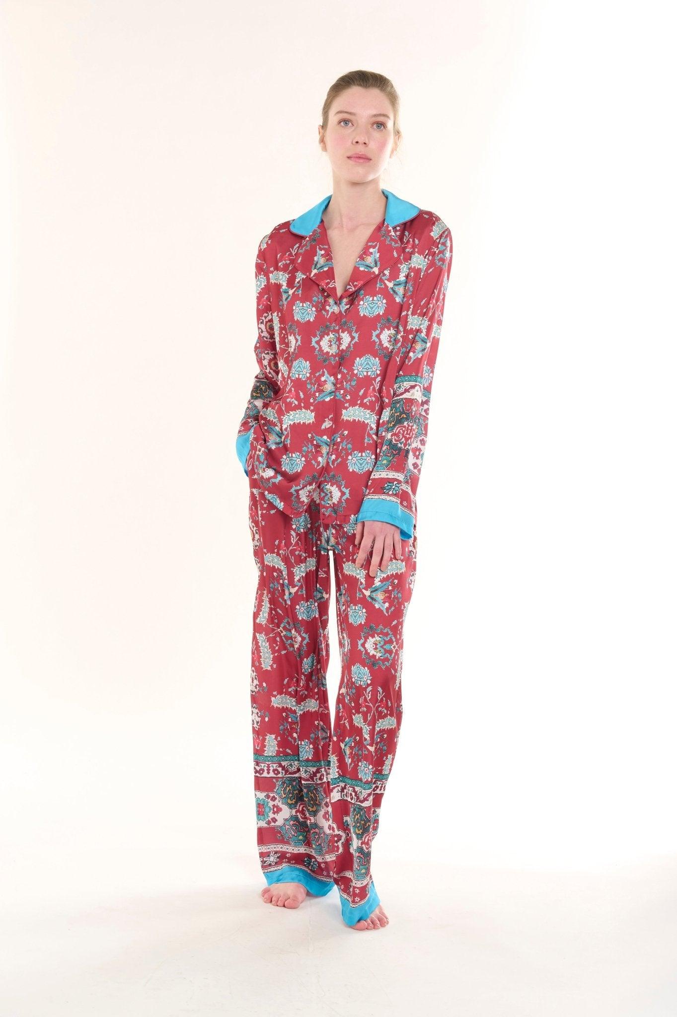 Vivienne - Enchanted Crimson Garden Satin Pajama Set - NOWIHT - Pajama Set