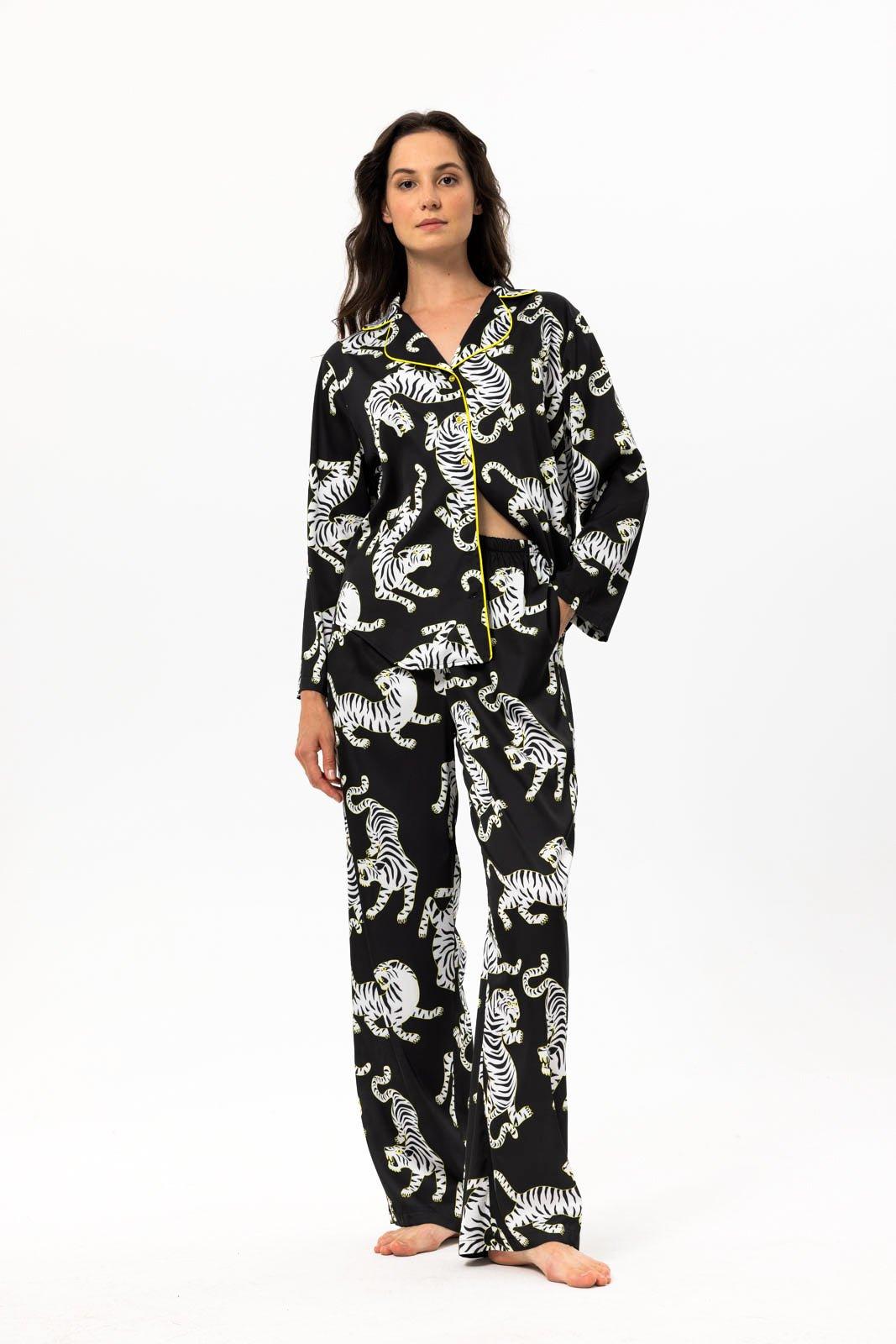 Zara - Wild Black Tiger Satin Pajama Set - NOWIHT - Pajama Set