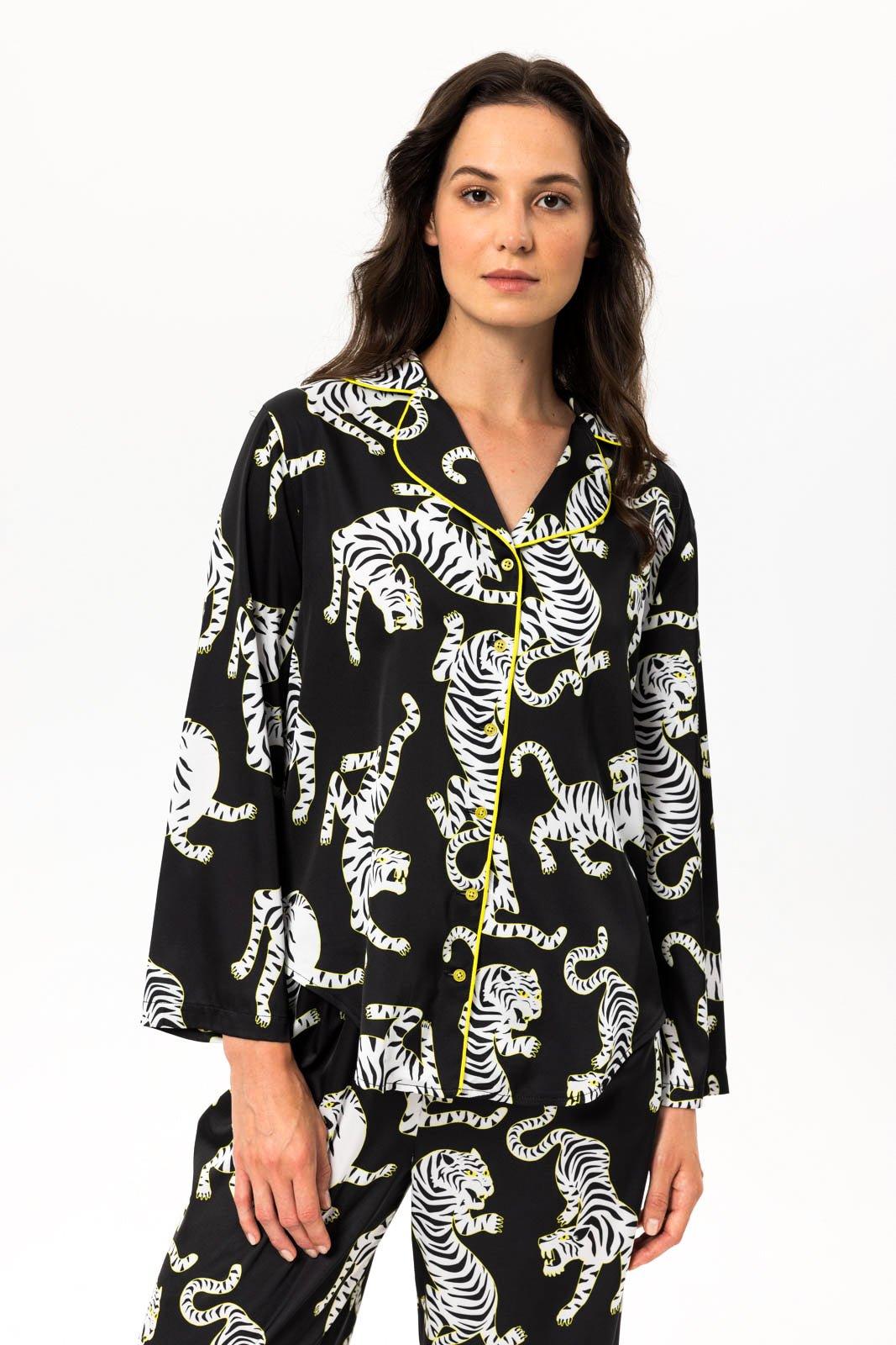 Zara - Wild Black Tiger Satin Pajama Set - NOWIHT - Pajama Set