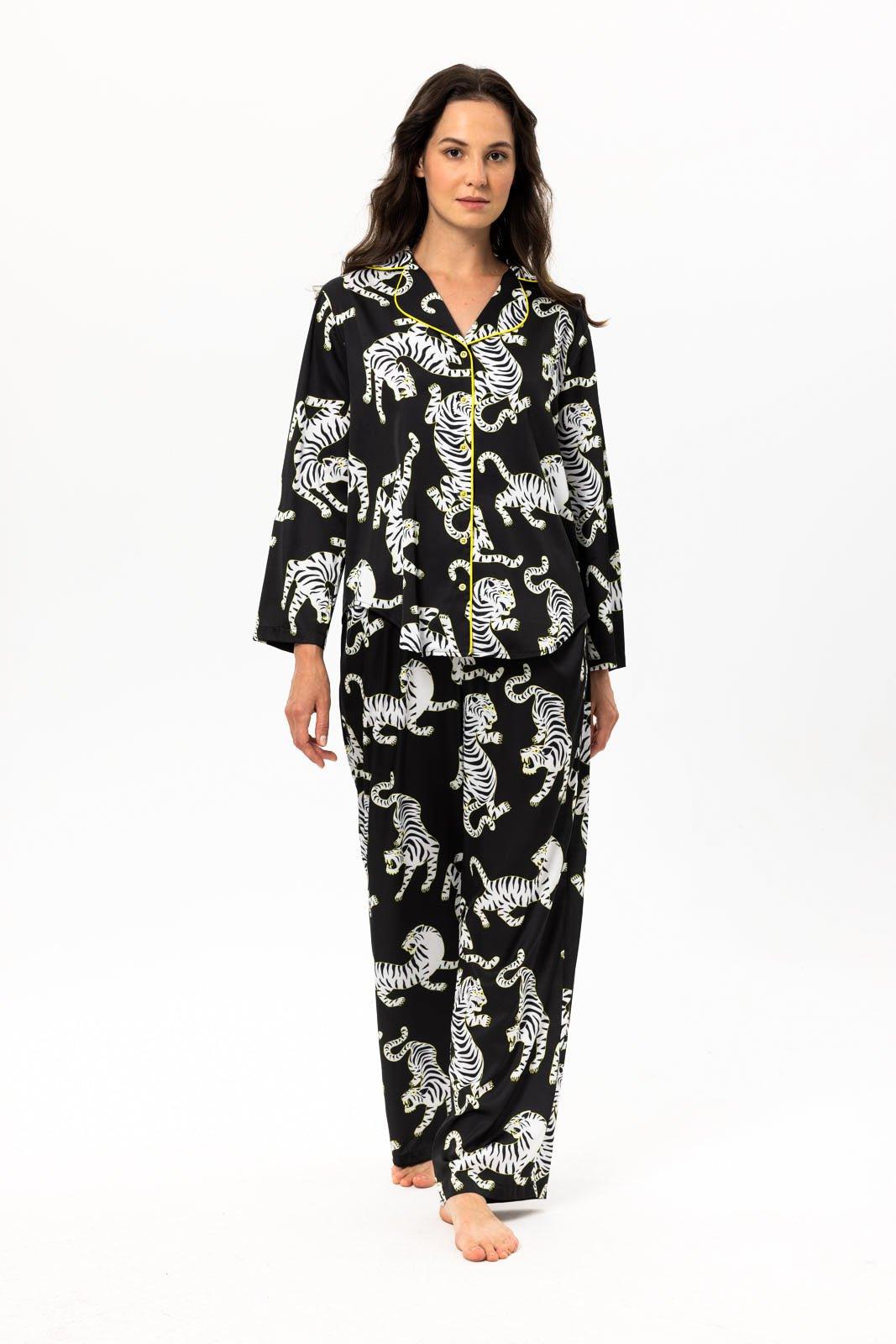 Zara - Wild Black Tiger Satin Pajama Set - NOWIHT - Pajama Set