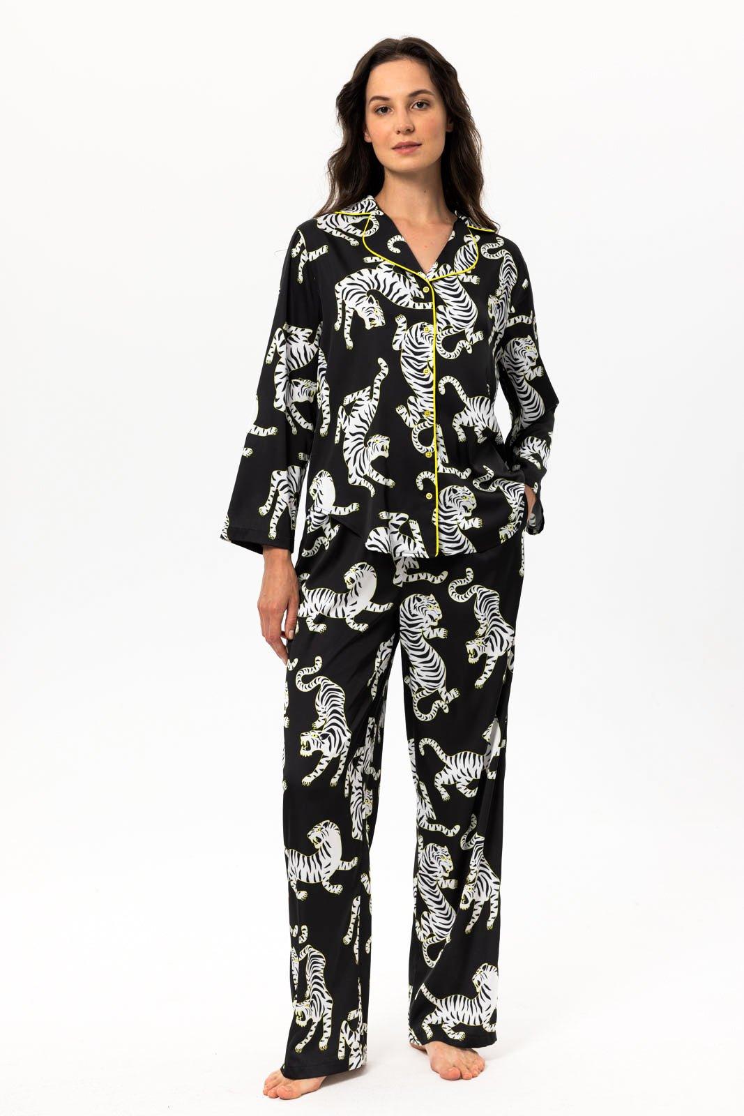 Zara - Wild Black Tiger Satin Pajama Set - NOWIHT - Pajama Set