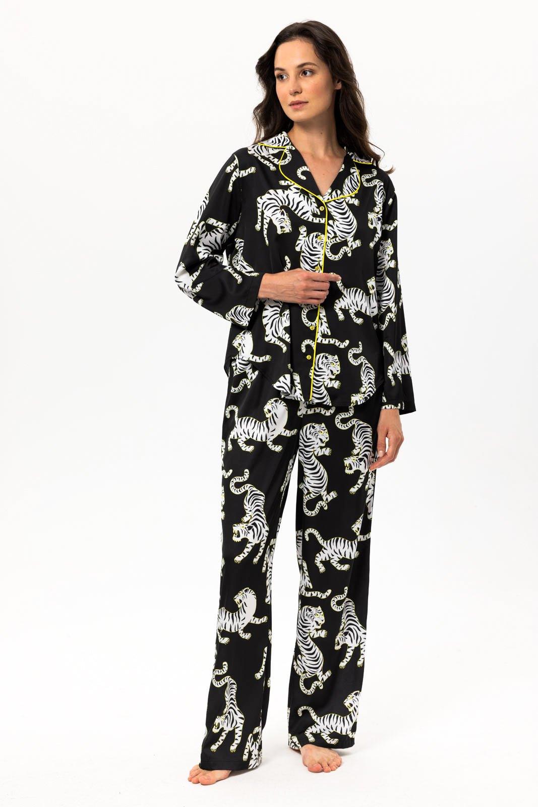 Zara - Wild Black Tiger Satin Pajama Set - NOWIHT - Pajama Set