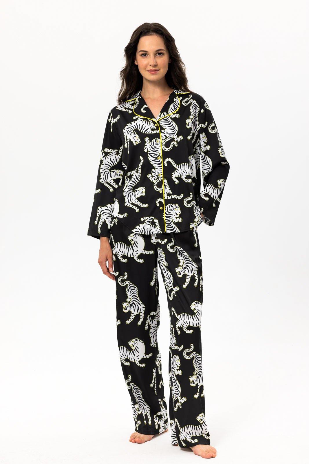 Zara - Wild Black Tiger Satin Pajama Set - NOWIHT - Pajama Set