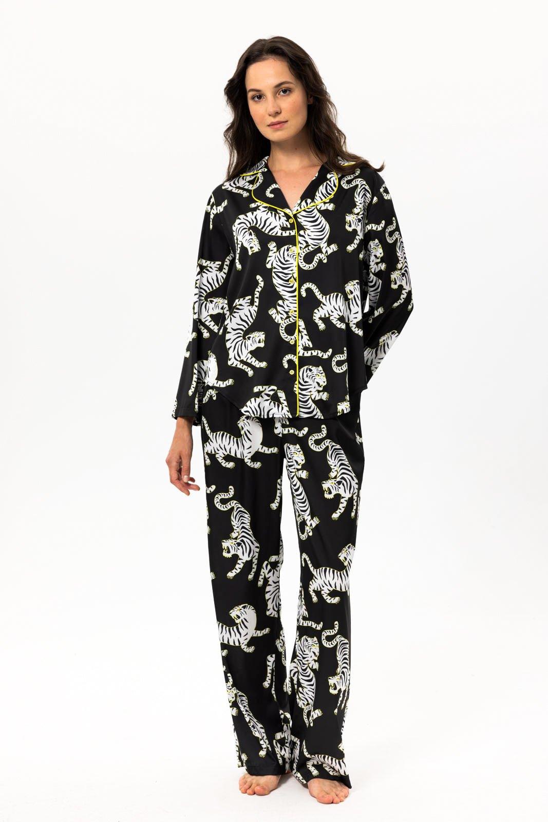 Zara - Wild Black Tiger Satin Pajama Set - NOWIHT - Pajama Set