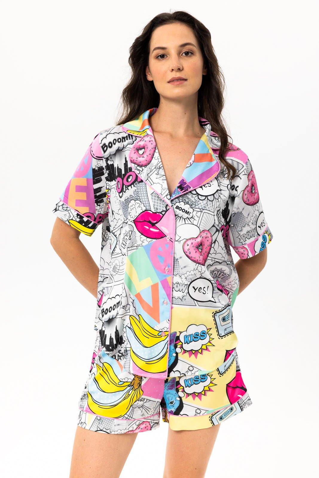 Zoey - Pop Art Satin Pajama Set - NOWIHT - Pajamas