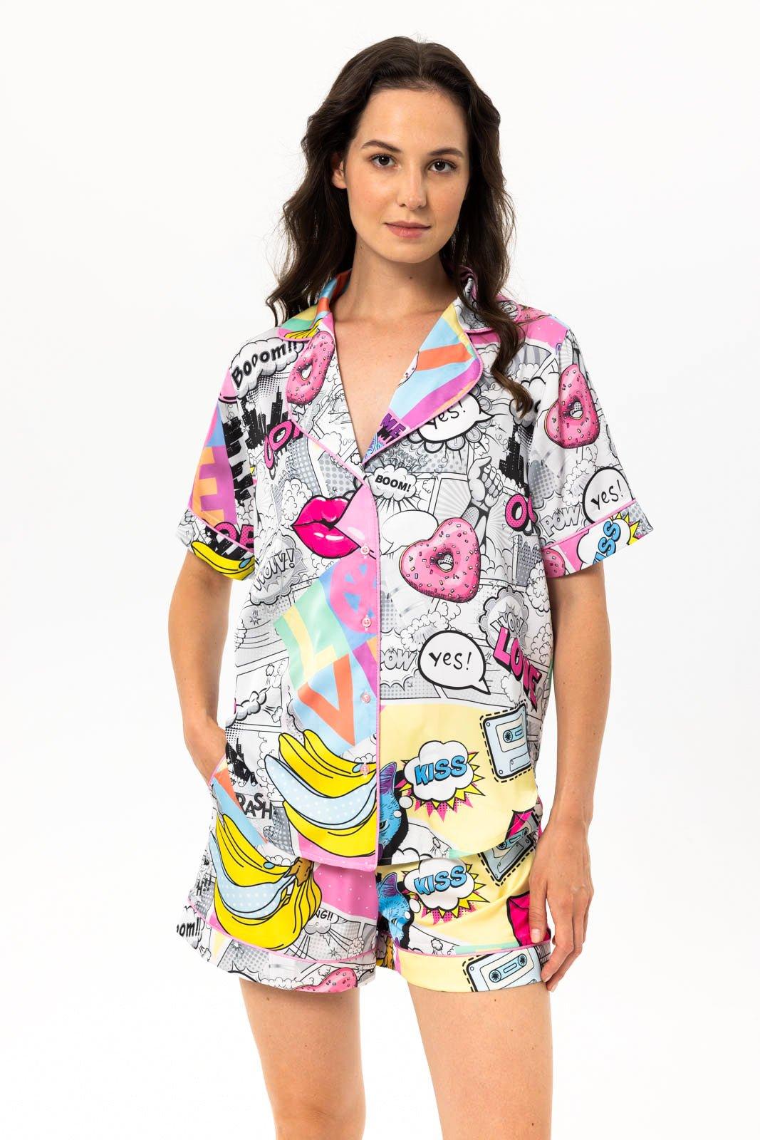 Zoey - Pop Art Satin Pajama Set - NOWIHT - Pajamas